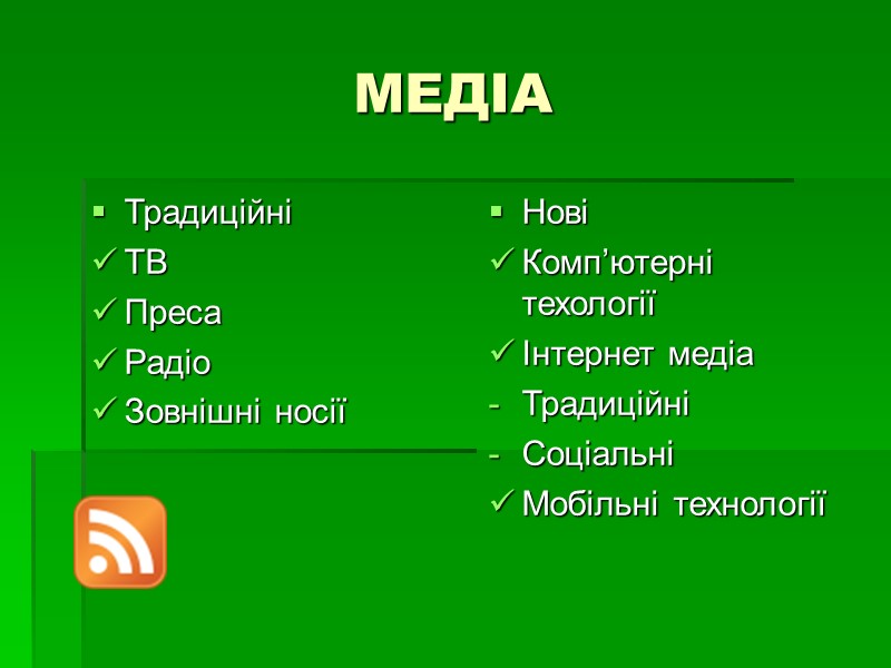 МЕДІА Традиційні ТВ Преса Радіо Зовнішні носії  Нові Комп’ютерні техології Інтернет медіа Традиційні